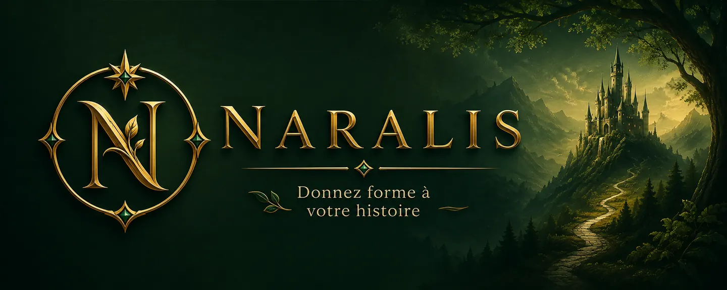 Bannière Naralis : monogramme doré et château au bout d'un chemin de forêt, avec la signature « Donnez forme à votre histoire »